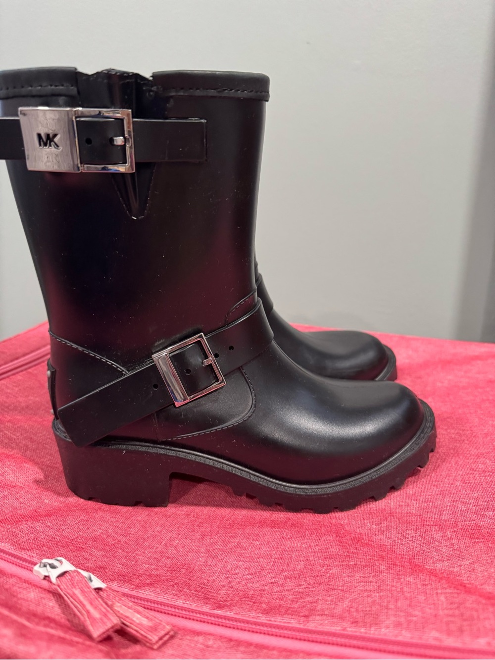 Michael Kors Black Mid-Calf Buckle Rain Boots with MK Plaque